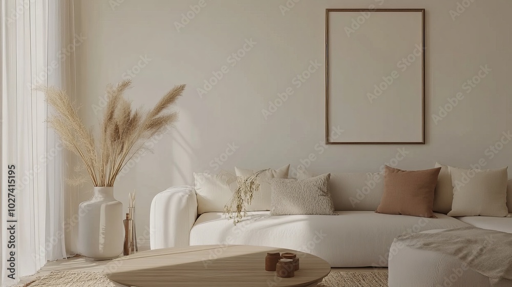 Cozy Living Room Interior Design with a Stylish Sofa, Coffee Table, Dried Flowers, Mockup Poster, Carpet, Decorations, and Personal Accessories for a Modern Home Decor Template. Cozy Living Room Interior Design with a Stylish Sofa, Coffee Table, Dried Flowers, Mockup Poster, Carpet, Decorations, and Personal Accessories for a Modern Home Decor Template.