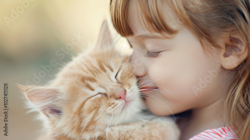 Tender Moments: A little girl gently kisses her adorable ginger kitten, eyes closed in peaceful bliss. A heartwarming image of childhood innocence and animal affection.