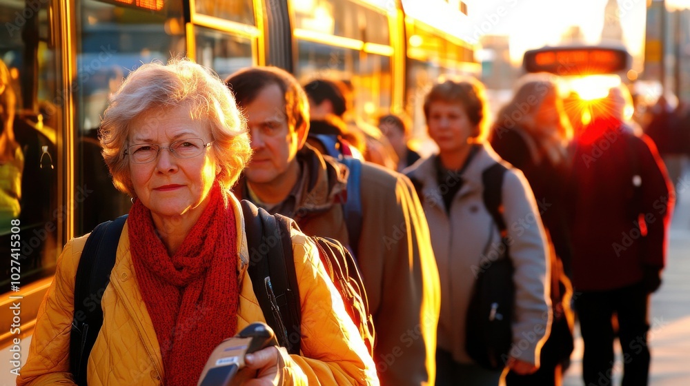 Morning Commute: People Boarding a Bus at Sunrise Morning Commute: People Boarding a Bus at Sunrise