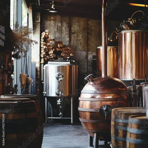 A rustic craft brewery featuring copper brewing kettles and wooden barrels, surrounded by vintage decor, capturing the artisanal essence of beer production, with copy space for branding. photo