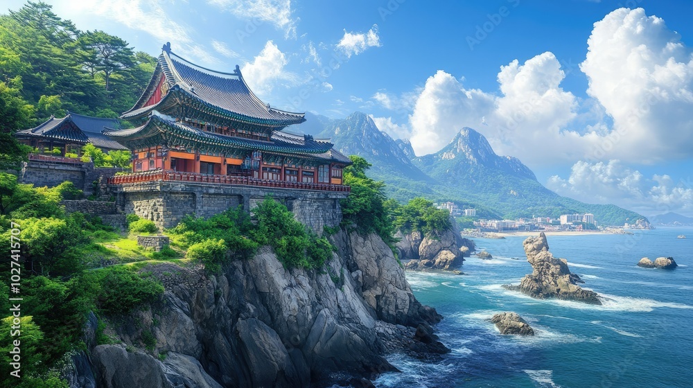 Obraz premium Scenic Temple on Rocky Coastline with Mountains and Sea