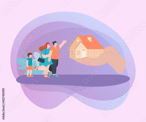 Huge hand offering house to happy family. Cheerful mother, father and son moving to new home flat vector illustration. Real estate, property, mortgage concept for banner or landing web page