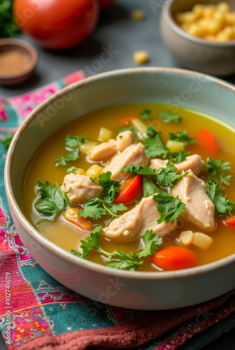 A warm bowl of homemade chicken soup filled with tender chicken pieces, vibrant vegetables, and fresh cilantro, perfect for a cozy meal on a chilly day