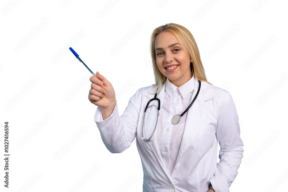 Portrait of a young female doctor pointing at medical information Portrait of a young female doctor pointing at medical information