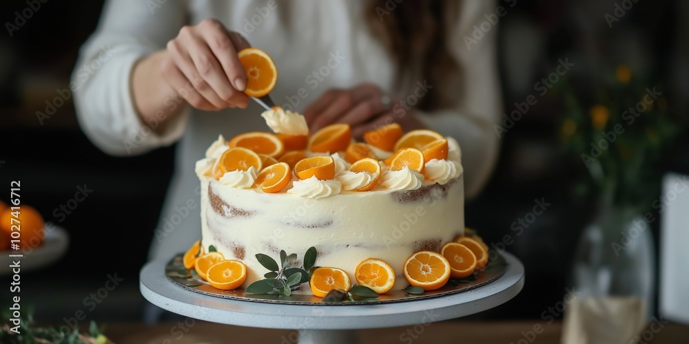 Naklejka premium A woman is decorating a cake with orange slices. The cake is on a white plate and the woman is using a spoon to add the slices
