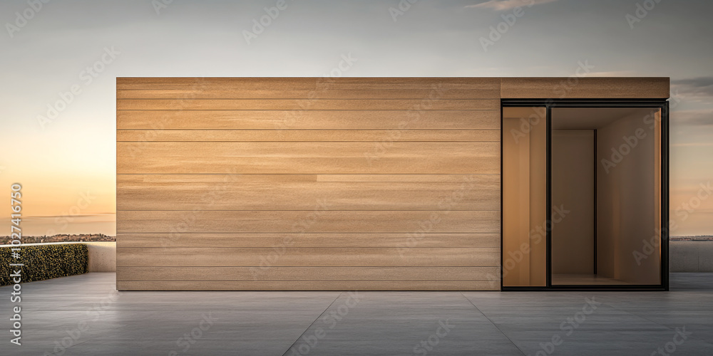 Fototapeta premium Modern minimalist building with wooden facade and glass doors at sunset