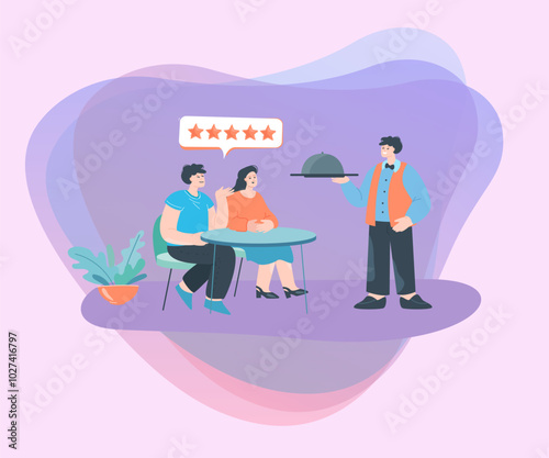 People rating restaurants food flat vector illustration. Couple sitting at table, giving five stars for service and cuisine.  Review, feedback concept for banner, website design or landing web page