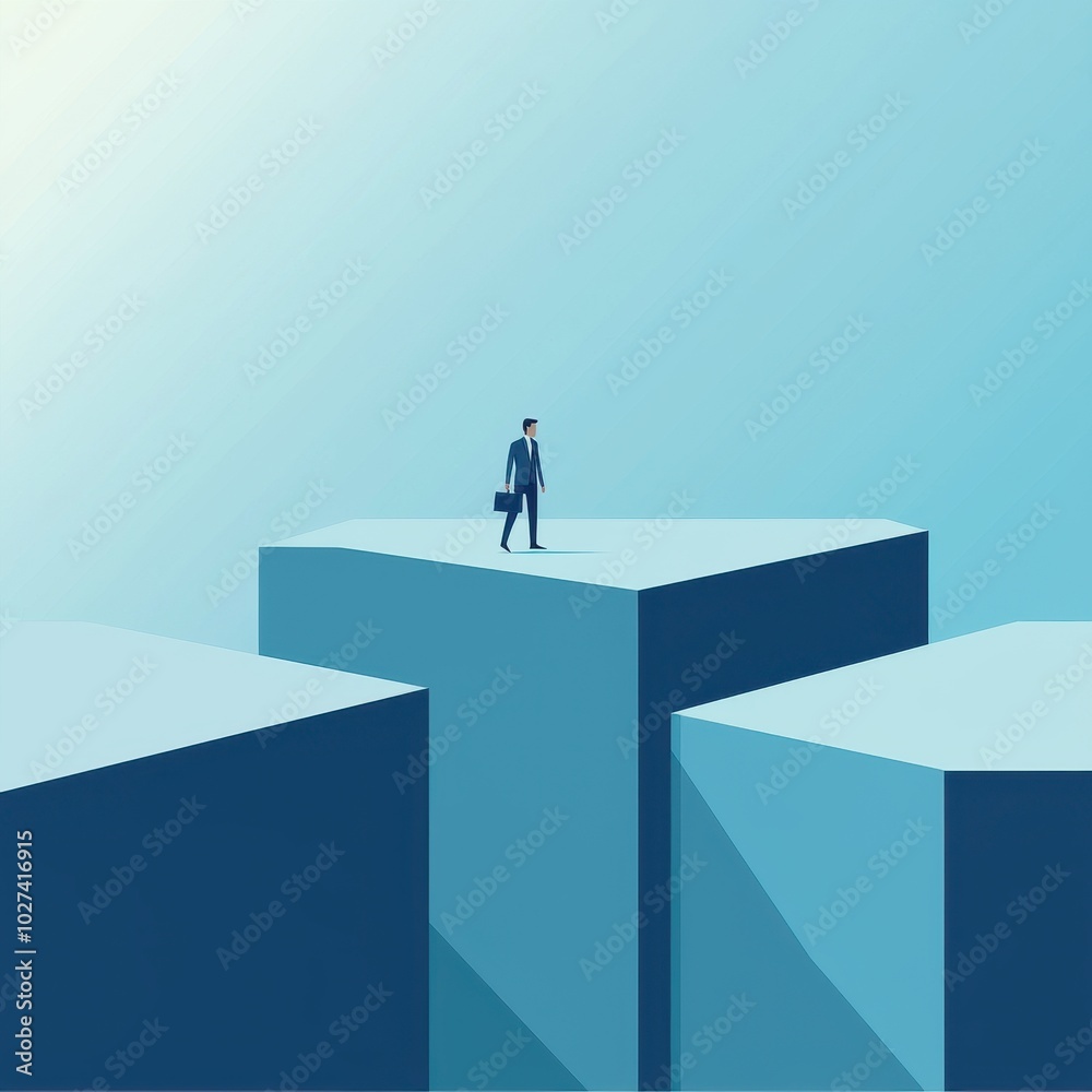 Businessperson Overcoming High Barriers in a Symbolic Landscape, Concept Achieving Greatness Businessperson Overcoming High Barriers in a Symbolic Landscape, Concept Achieving Greatness