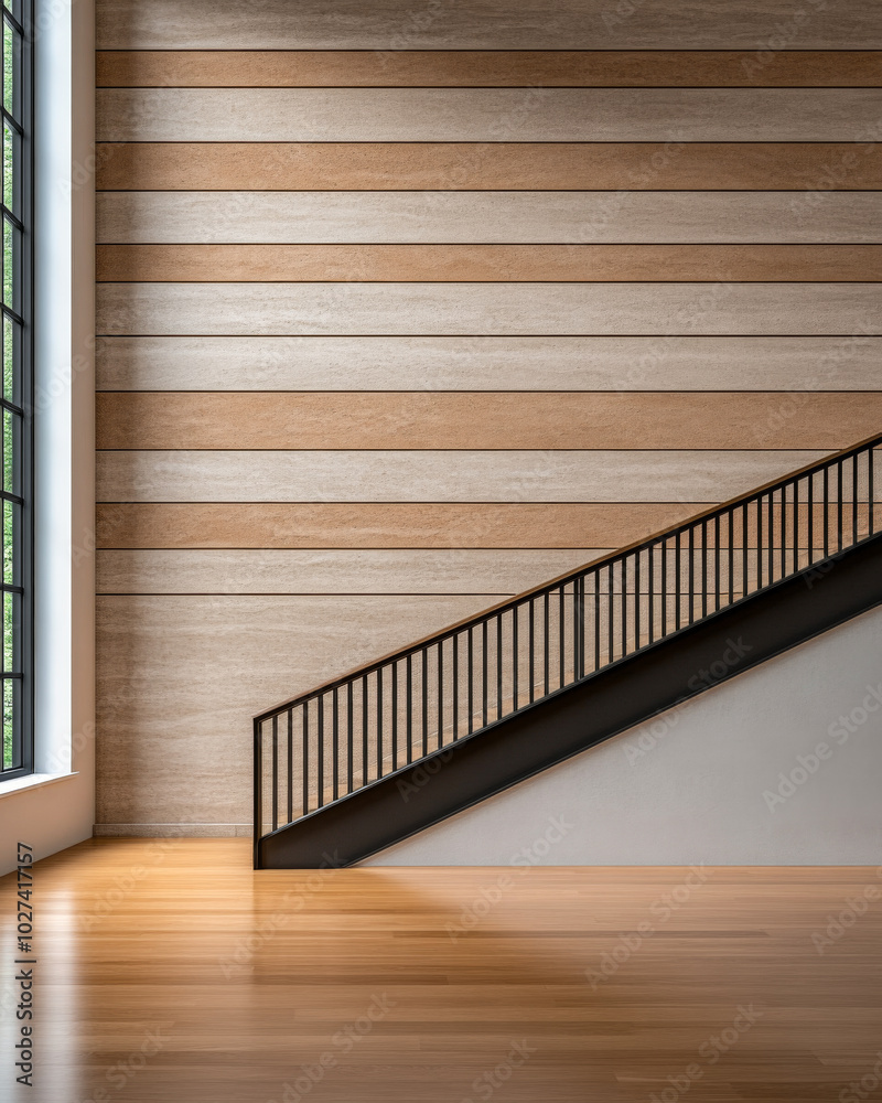 Obraz premium Modern design with a wooden staircase on a spacious floor bathed in natural light
