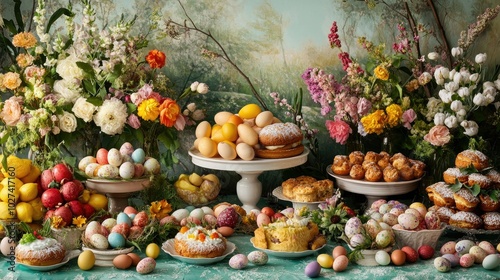 Colorful Spring Feast with Flowers and Easter Treats