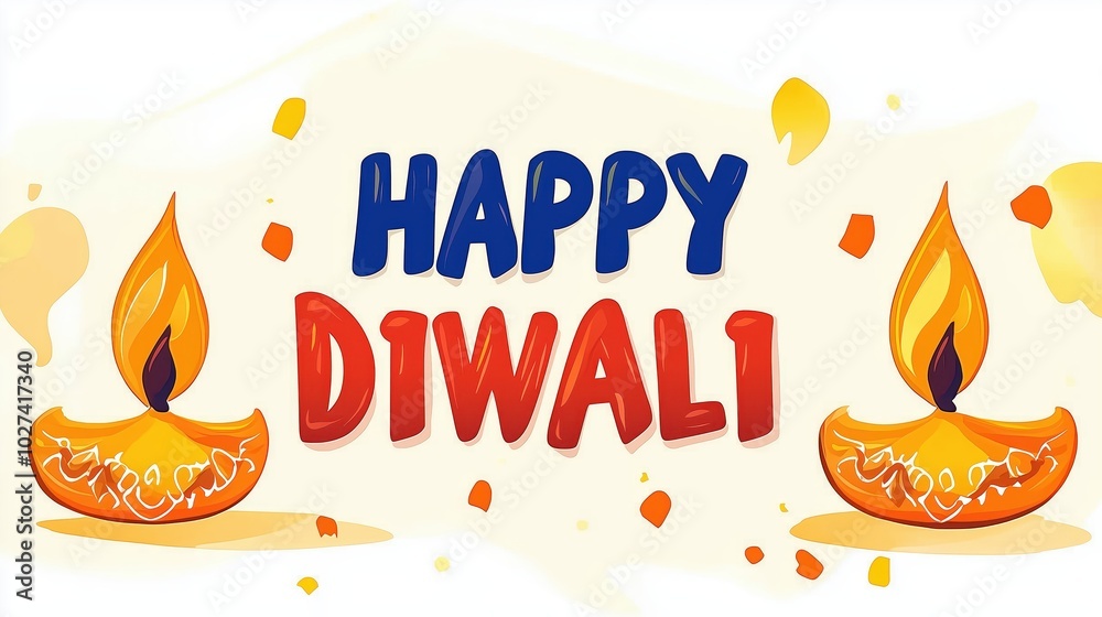 Illustration of two lit oil lamps with 'Happy Diwali' text in bold letters. Illustration of two lit oil lamps with 'Happy Diwali' text in bold letters.