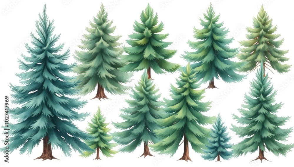 Obraz premium Set of spruce trees on isolated white background. Watercolor illustrations AI Generate