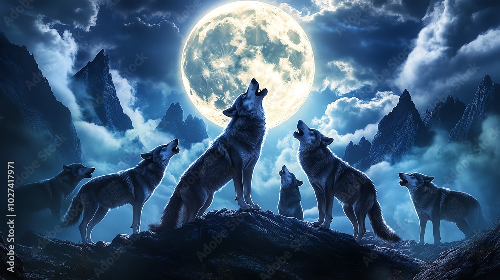 A pack of wolves howling at the full moon, surrounded by mountains and clouds, creating a mystical and enchanting night scene. A pack of wolves howling at the full moon, surrounded by mountains and clouds, creating a mystical and enchanting night scene.