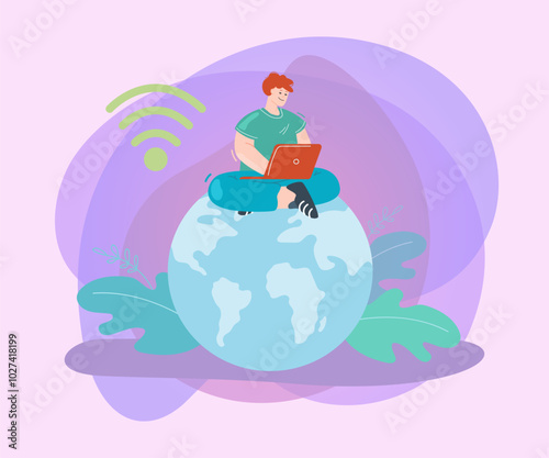 Tiny man using wi-fi connection flat vector illustration. Male character working on laptop in free internet zone. Connection, internet concept for banner, website design or landing web page