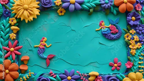 A colorful clay frame with mermaids and flowers.