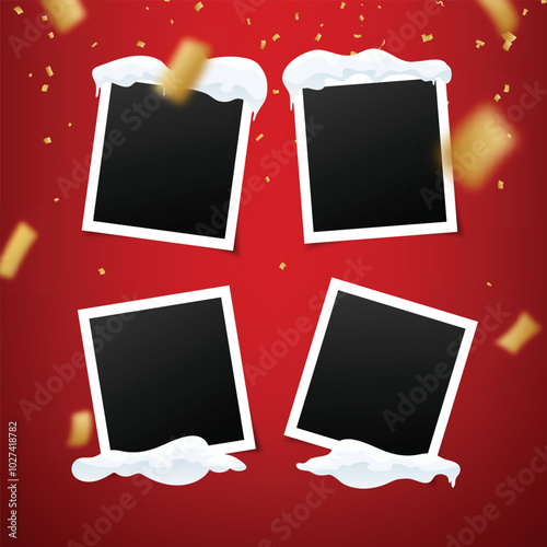 Festive banners with 4 vintage photo frames and falling realistic golden confetti. Set of instant photos on red background. Snow caps and snowdrifts for Christmas greeting card. Happy new year flyer.