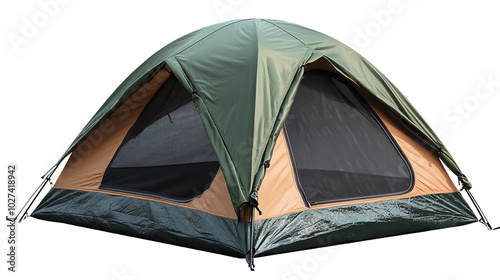 Green and beige camping tent isolated on black.