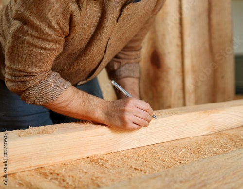 a man who is working in the process of making furniture.	
 photo