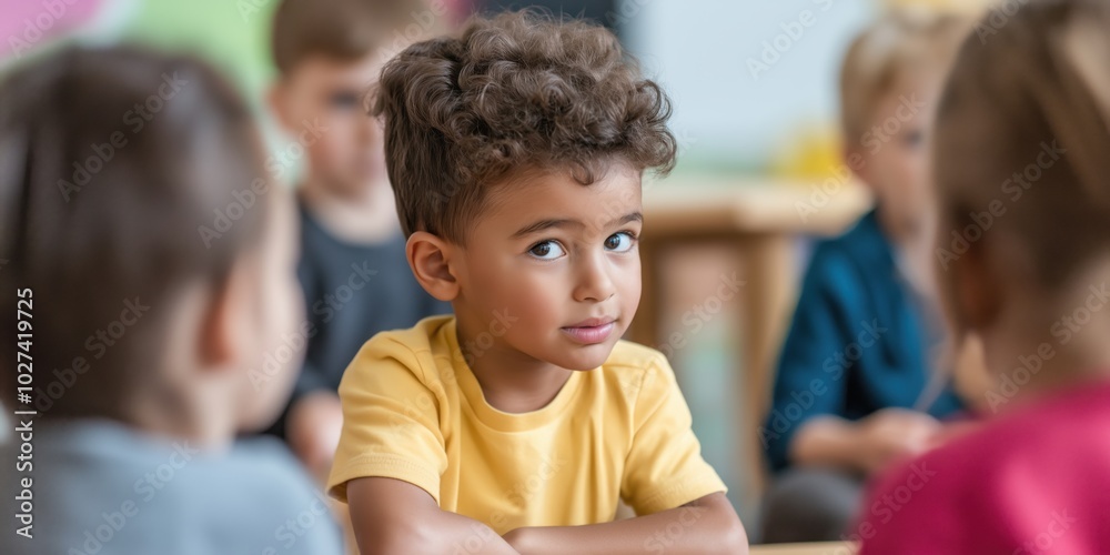 A young child in a yellow shirt sits thoughtfully at a table with other children in a classroom, suggesting curiosity and learning amid a social environment.
