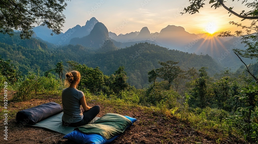 Fototapeta premium Serene Meditation at Sunrise in Mountain Landscape