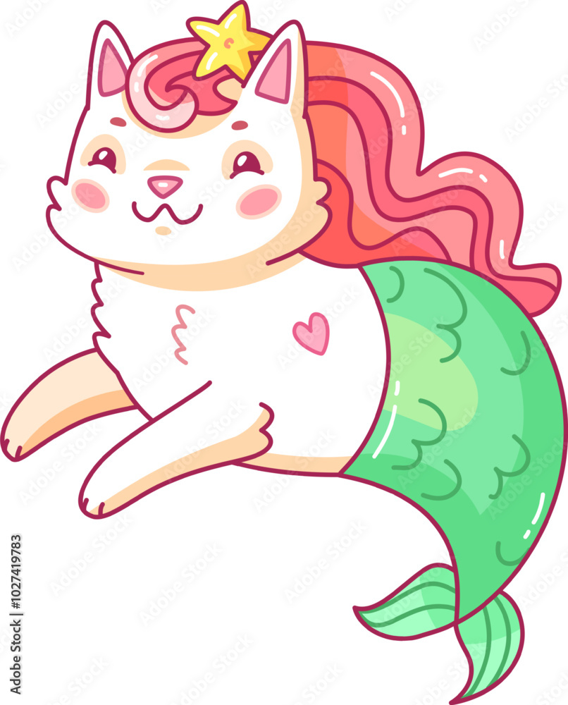 This adorable cat mermaid features a playful expression a pink mane and a flowing green tail adding charm to a vibrant underwater setting teeming with imagination. This adorable cat mermaid features a playful expression a pink mane and a flowing green tail adding charm to a vibrant underwater setting teeming with imagination.