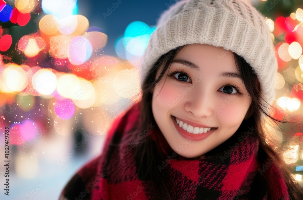 冬の街並みで微笑む女性、クリスマスの明かりに囲まれている寒い夜のひととき 冬の街並みで微笑む女性、クリスマスの明かりに囲まれている寒い夜のひととき