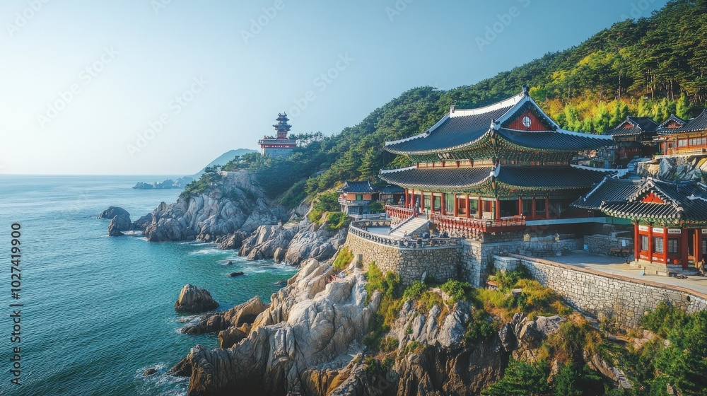Obraz premium Scenic Coastal Temple Near Ocean and Mountains
