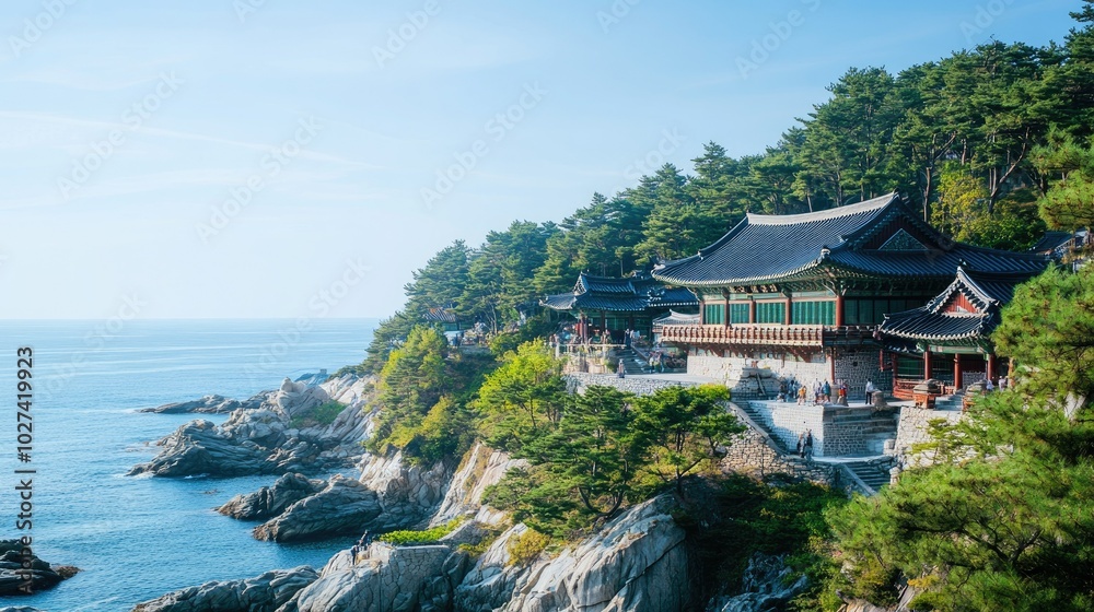Scenic Seaside Temple Surrounded by Lush Nature Scenic Seaside Temple Surrounded by Lush Nature