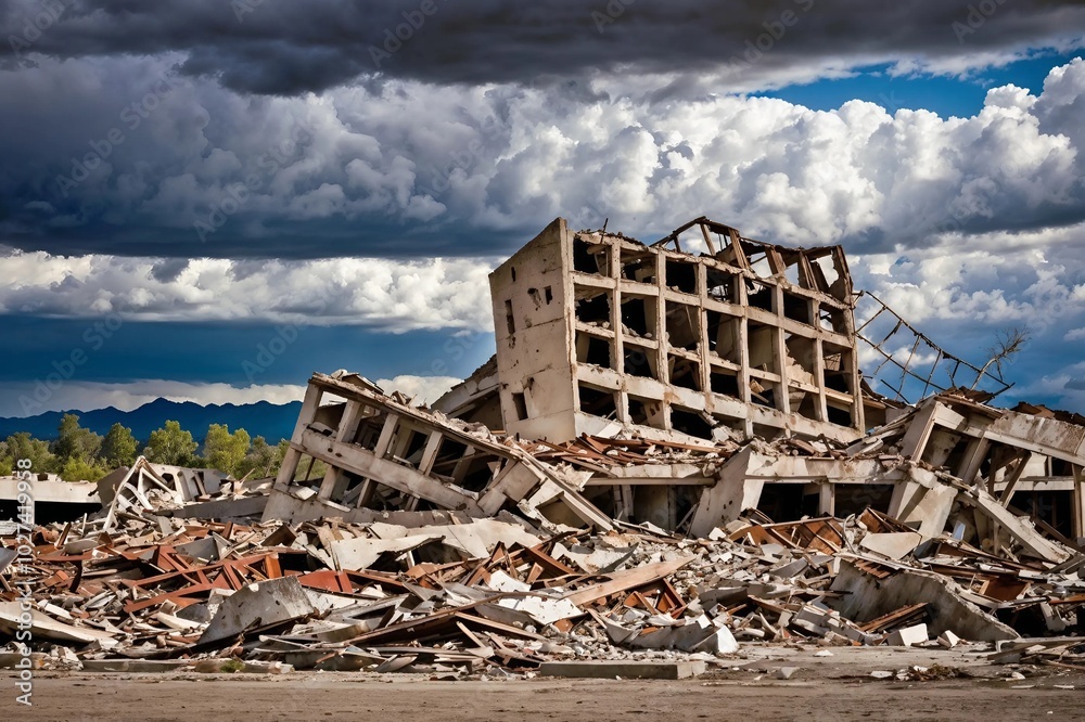 Collapsed Building Rubble After Destruction Under Stormy Sky Collapsed Building Rubble After Destruction Under Stormy Sky