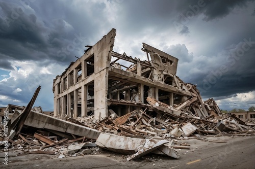 Destroyed buildings and rubble in aftermath of disaster against stormy sky