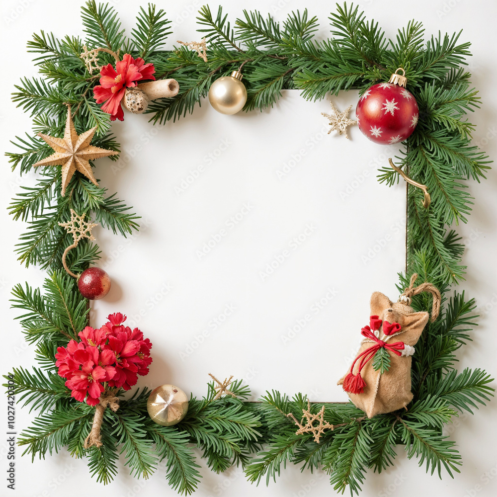 Festive Christmas decorations and pine branches in green and red framing white background with copy space Festive Christmas decorations and pine branches in green and red framing white background with copy space
