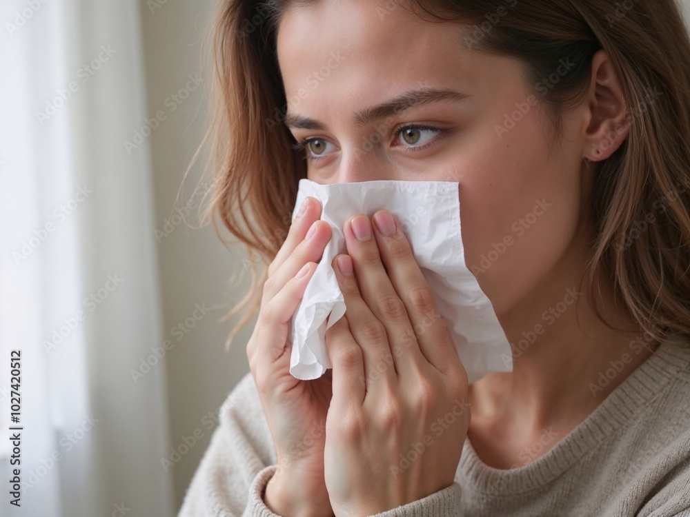 Person with concerned expression blowing nose into tissue against blurred background Person with concerned expression blowing nose into tissue against blurred background