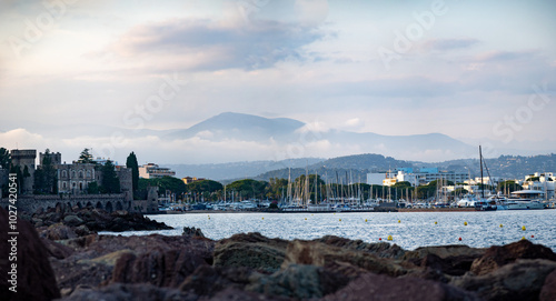 Coastline with stones, bays, castle in Mandelieu-la-napoule near Cannes, French Riviera, France