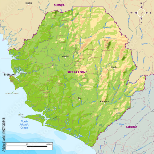 Physical political map of Sierra Leone