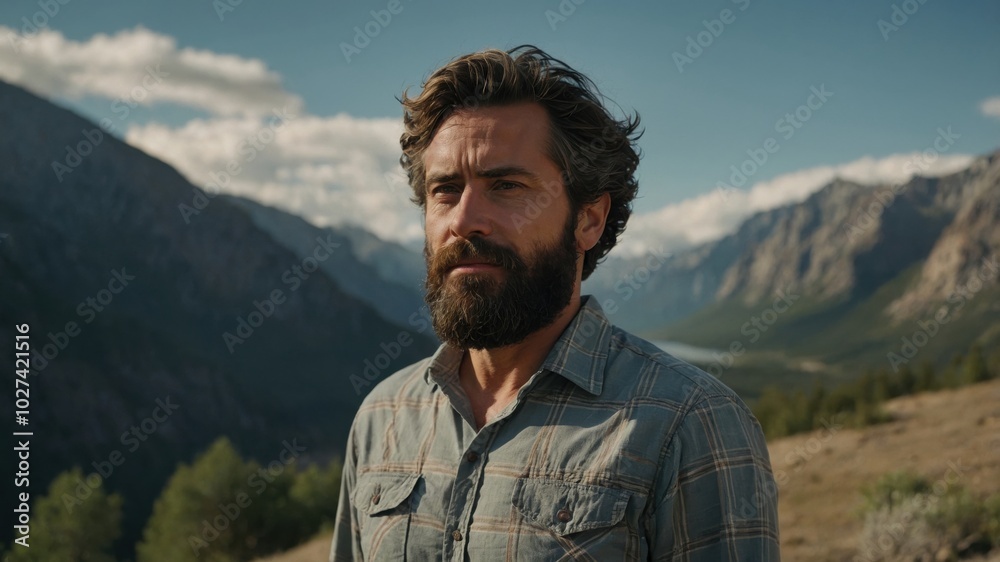A man stands in a serene mountain landscape, gazing thoughtfully at the vast scenery during a sunny day in the wilderness A man stands in a serene mountain landscape, gazing thoughtfully at the vast scenery during a sunny day in the wilderness