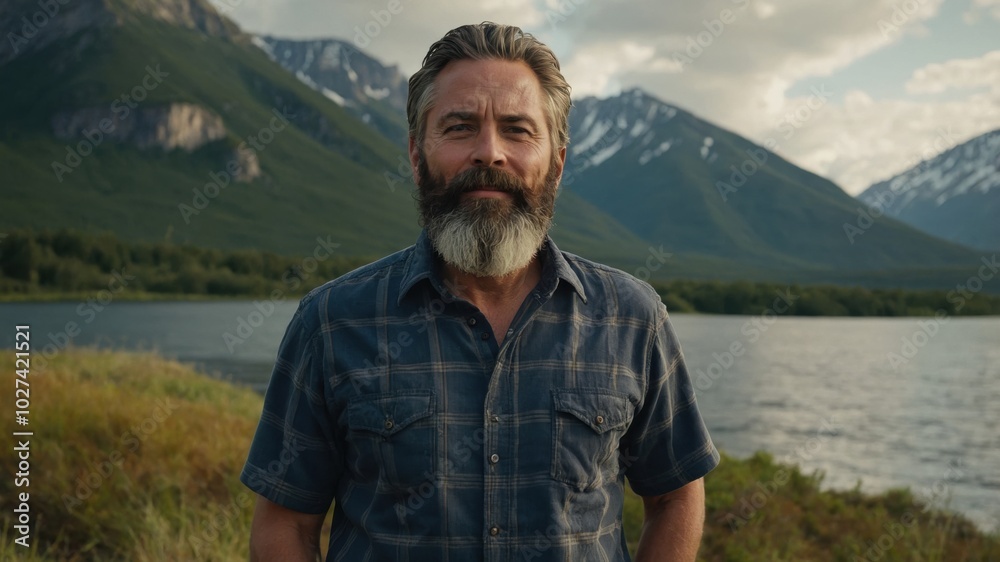 A bearded man stands by a serene lake surrounded by mountains during the golden hour of a summer evening A bearded man stands by a serene lake surrounded by mountains during the golden hour of a summer evening