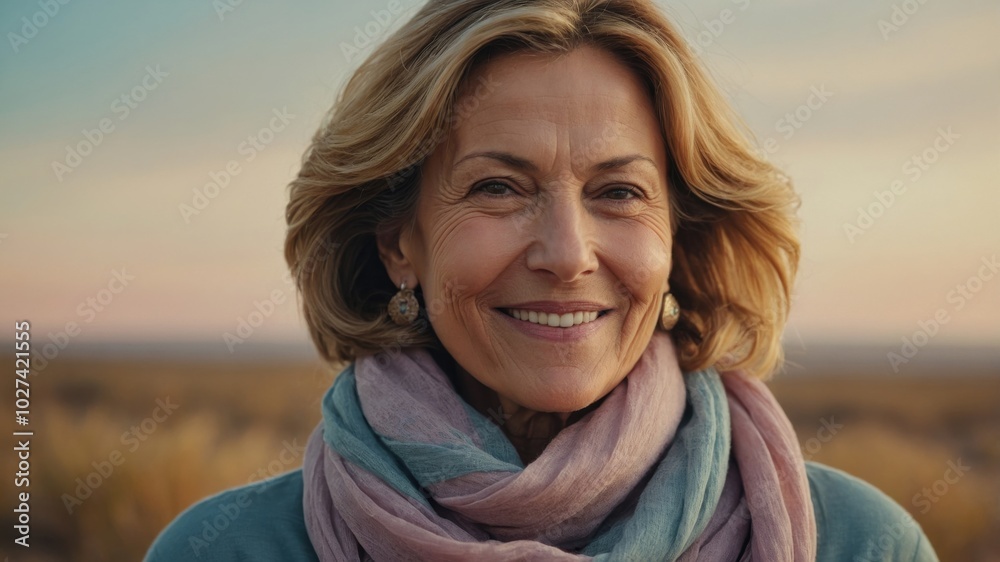 A woman smiles warmly, wearing a light scarf against a sunlit meadow during golden hour, creating a serene atmosphere A woman smiles warmly, wearing a light scarf against a sunlit meadow during golden hour, creating a serene atmosphere