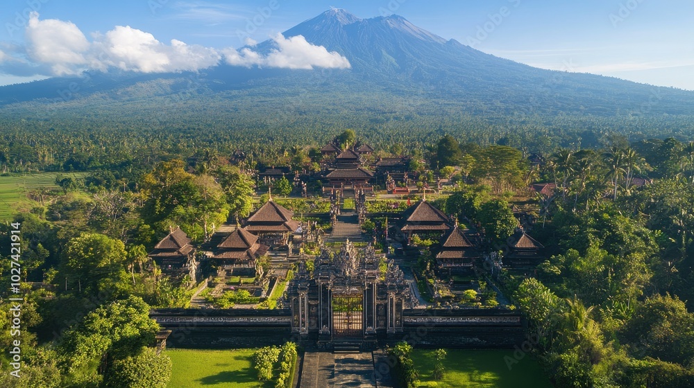Aerial View of Temple Complex with Mountain Backdrop Aerial View of Temple Complex with Mountain Backdrop
