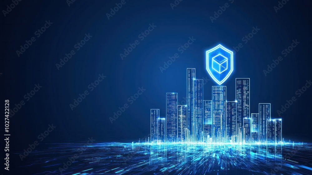 Fototapeta premium Design a futuristic cyber cityscape backdrop with a prominent, sophisticated cybersecurity shield on the forefront using digital techniques
