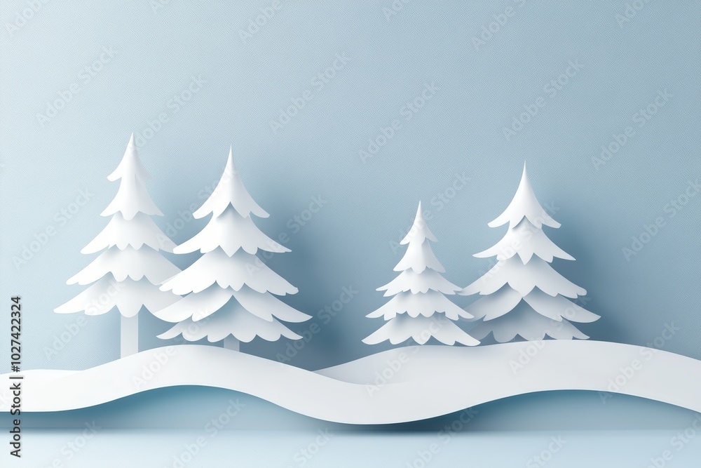 Obraz premium A calm winter landscape features white paper trees set against a soft blue backdrop, creating a peaceful and minimalistic atmosphere