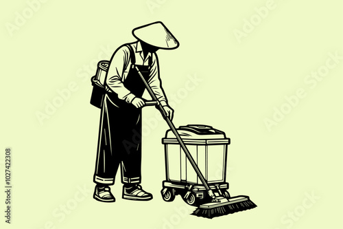 Vector drawing of a street cleaner operates a machine to sweep and clean the road.