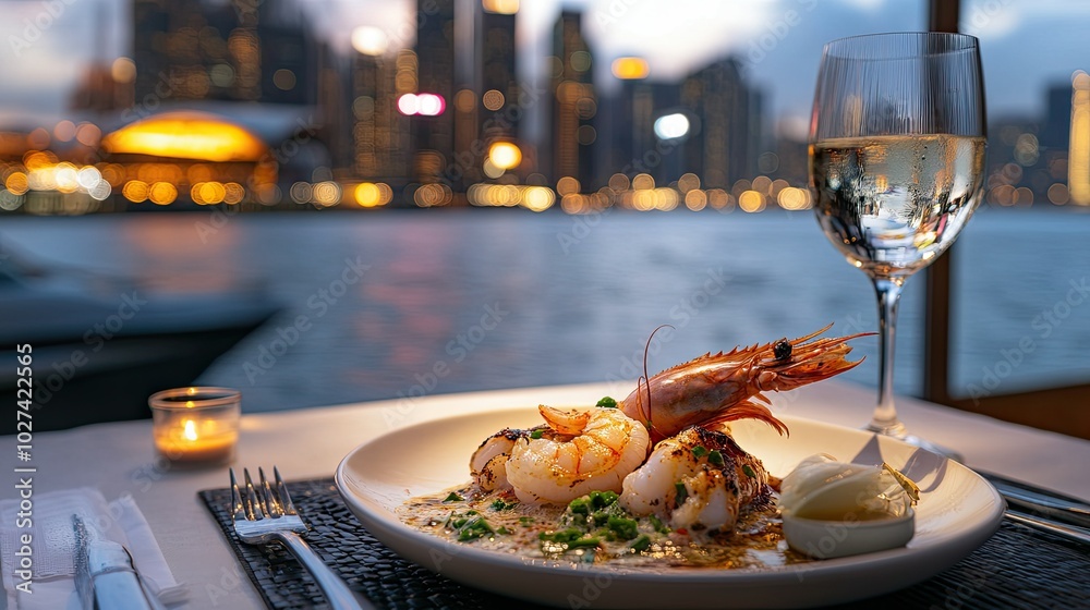 Elegant Seafood Dish with Scenic City Background Elegant Seafood Dish with Scenic City Background