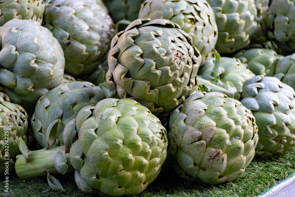Obraz premium Fresh ripe green organic artichokes heads on local farmers market in Dordogne, France