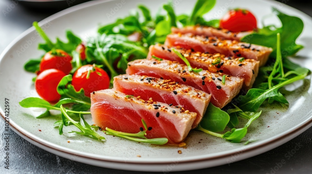 Fresh Salmon Dish with Greens and Cherry Tomatoes Fresh Salmon Dish with Greens and Cherry Tomatoes