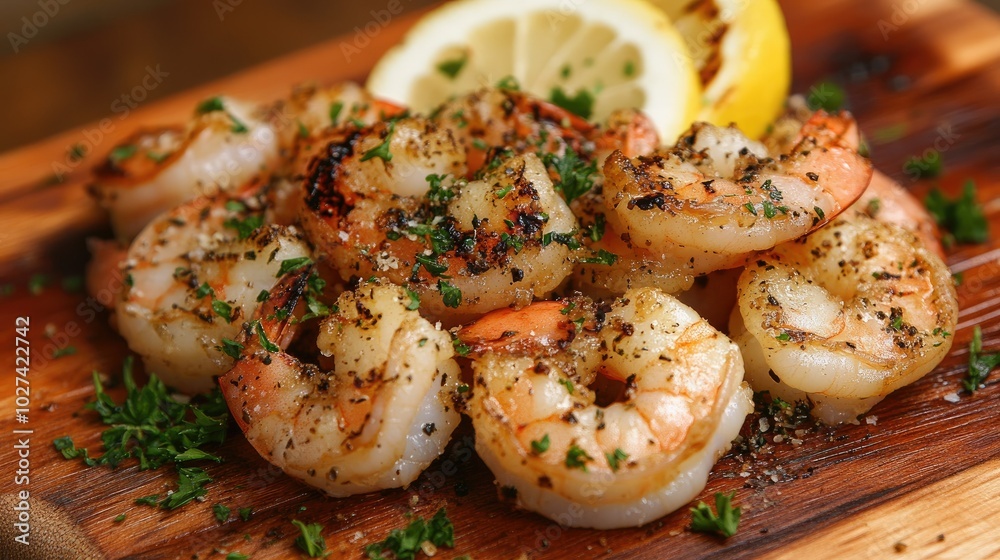 Grilled Shrimp with Lemon and Herbs on Wooden Board Grilled Shrimp with Lemon and Herbs on Wooden Board