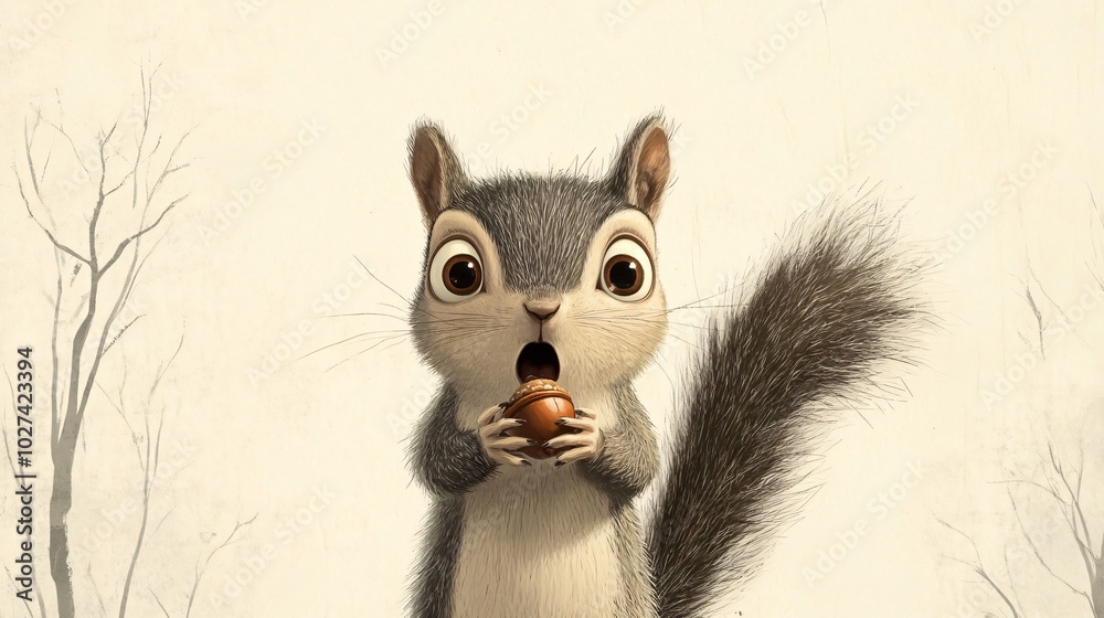 A squirrel with big eyes and a surprised expression holds a nut in its paws. A squirrel with big eyes and a surprised expression holds a nut in its paws.