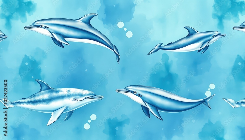 Obraz premium Dolphins and whales watercolor nature background seamless pattern AI Generate
