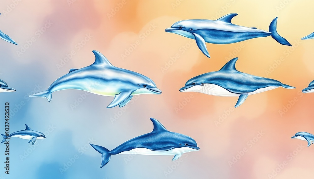 Dolphins and whales watercolor nature background seamless pattern AI Generate Dolphins and whales watercolor nature background seamless pattern AI Generate