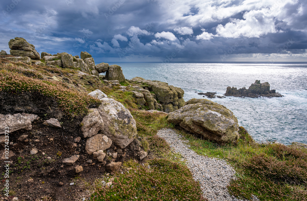 Coastal landscape of Land's End in Cornwall on a stormy afternoon