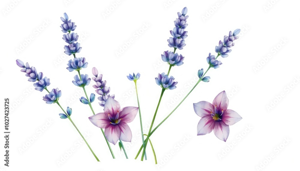 Naklejka premium Set of lavender flowers: bouquet of lavender flowers on isolated white background, watercolor painting, hand drawing AI Generate